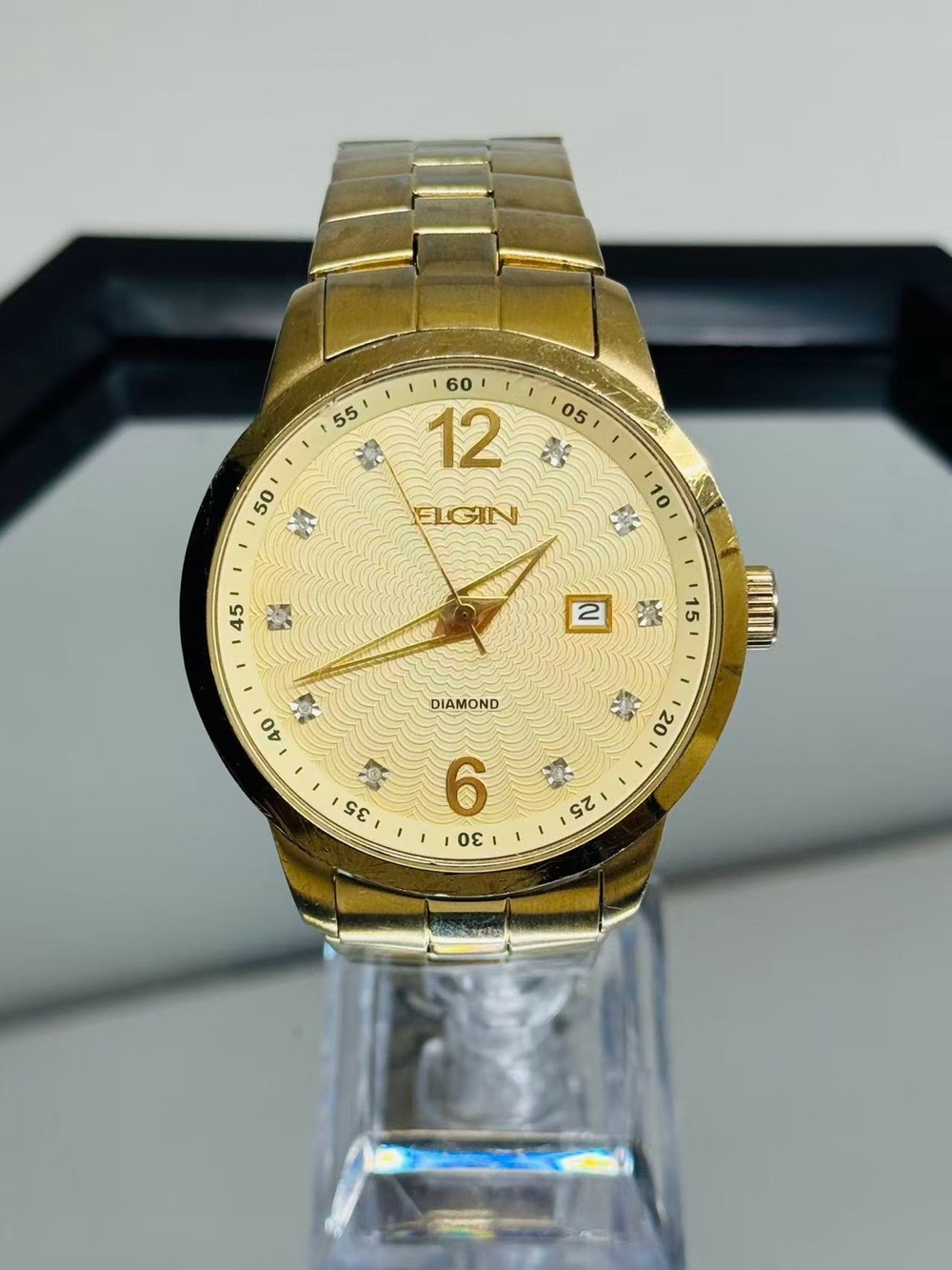 Vintage Elgin Men Gold Tone Quartz Watch Diamond Dial Date 46mm New Battery Runs